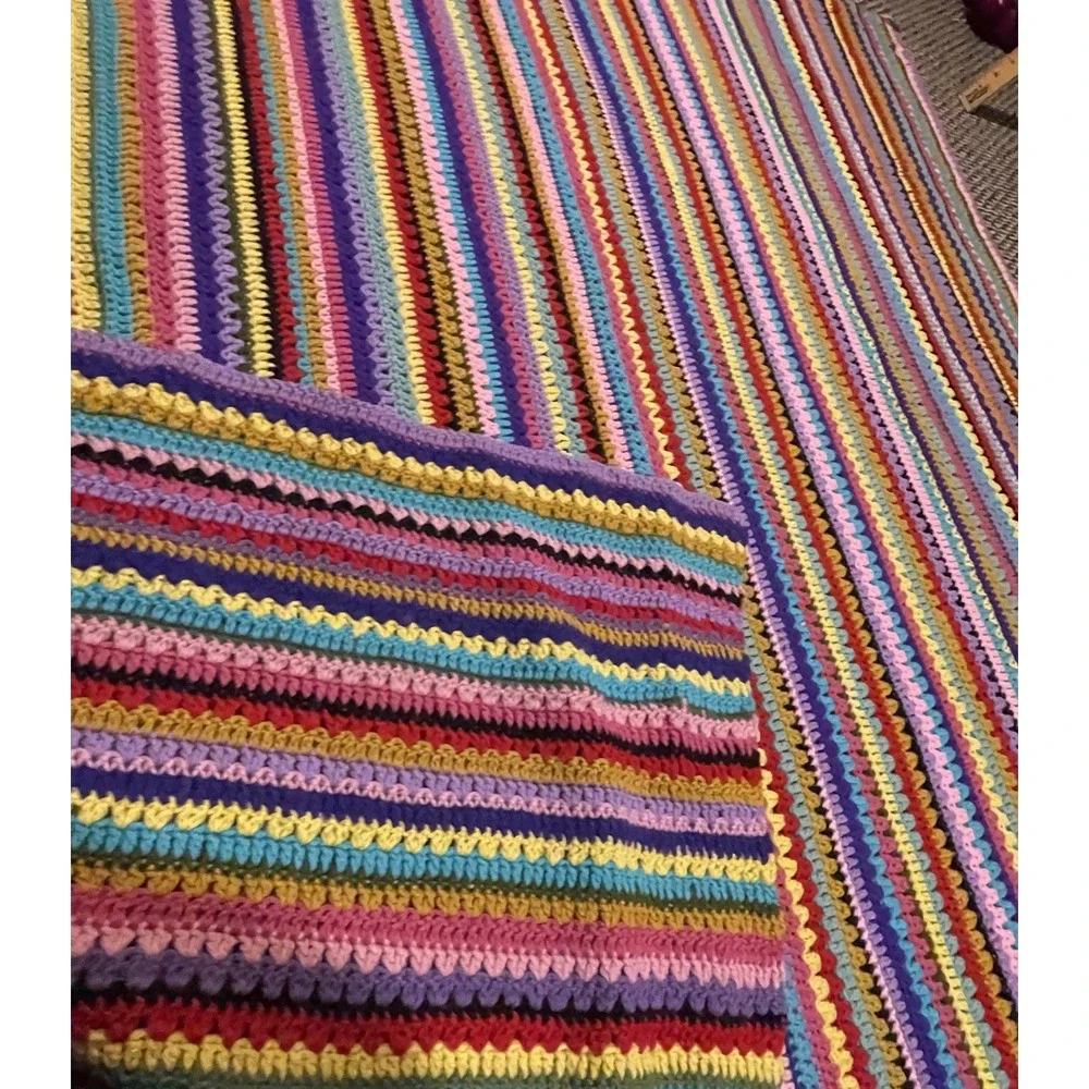 Handmade Rainbow Striped Afghan Crochet Blanket Throw Boho Grannycore 64